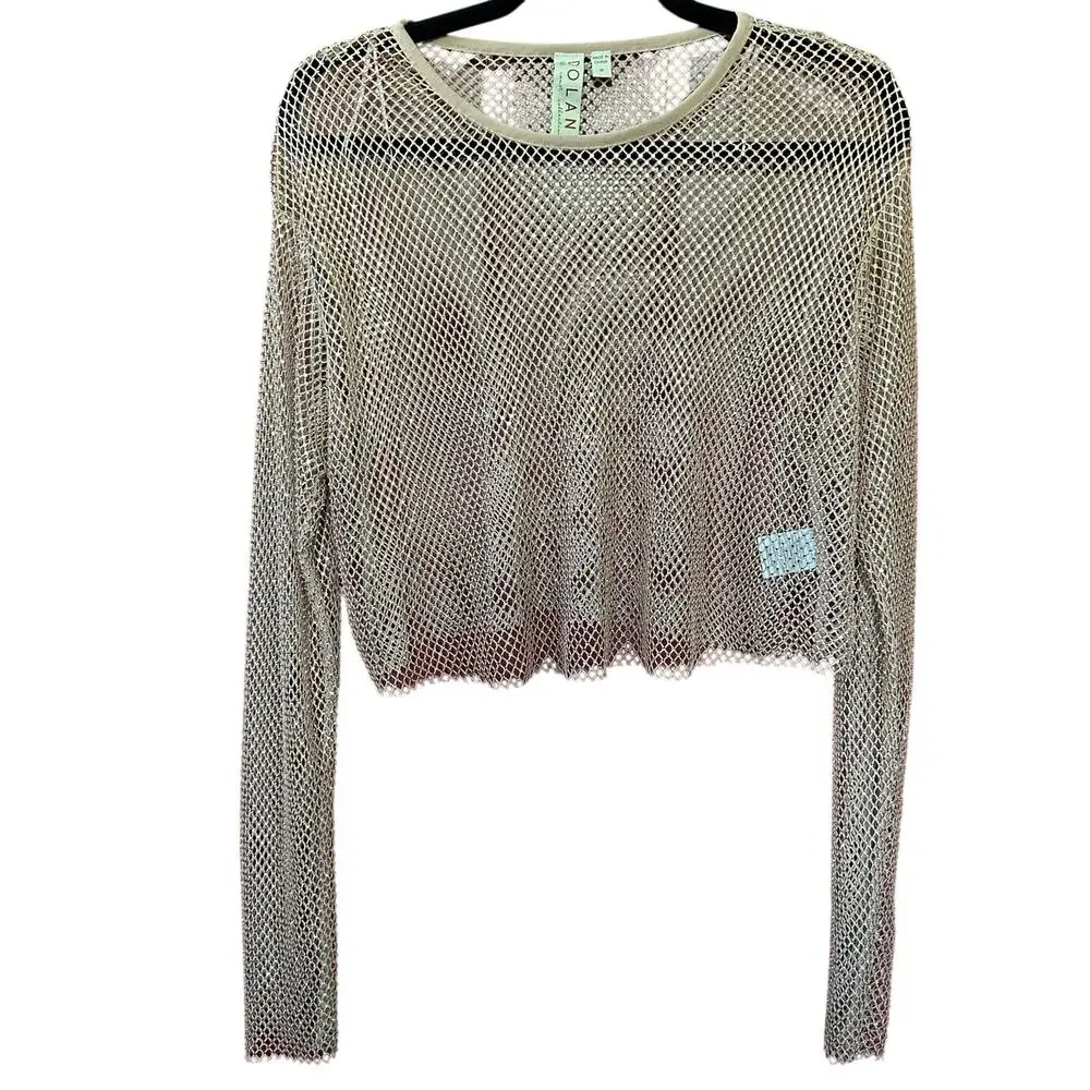 Anthropologie Metallic Mesh Sheer Cropped Long Sleeve Party Top M Layering glitz - Picture 5 of 11